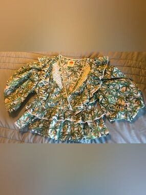 Tropical Ruffle Wrap Top with Lace Trim - Green Palm Print